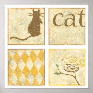 Brown Cat and Yellow Bird by Chariklia Zarria Poster