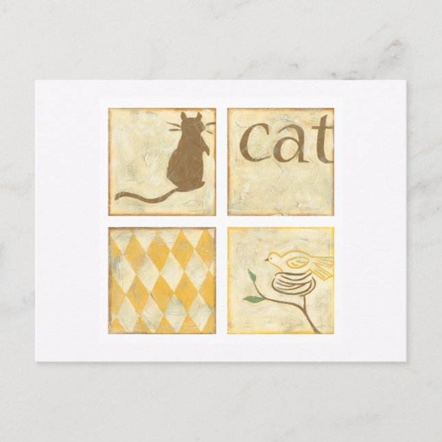 Brown Cat and Yellow Bird by Chariklia Zarria Postkarte (Vorderseite)