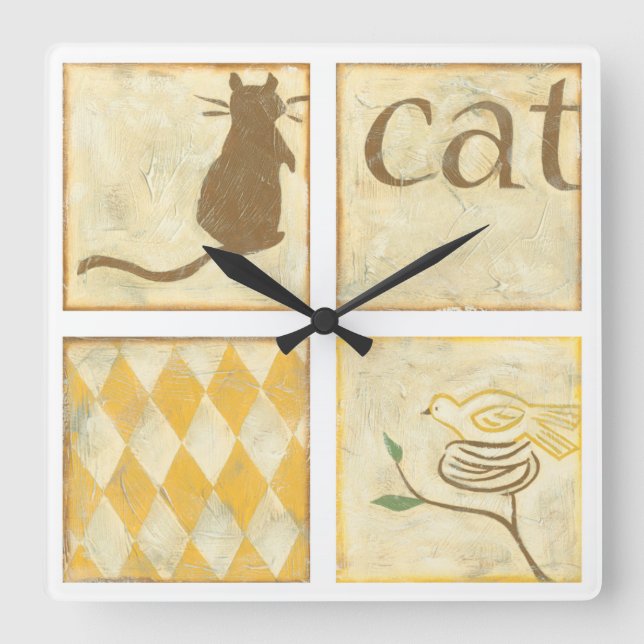 Brown Cat and Yellow Bird by Chariklia Zarria Quadratische Wanduhr (Vorderseite)