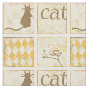 Brown Cat and Yellow Bird by Chariklia Zarria Stoff