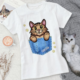 Brown Cat in Faux Denim Pocket with Custom Name T-Shirt