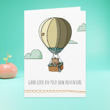Brown Cat in Hot-Balloon Viel Glück Farewell Card