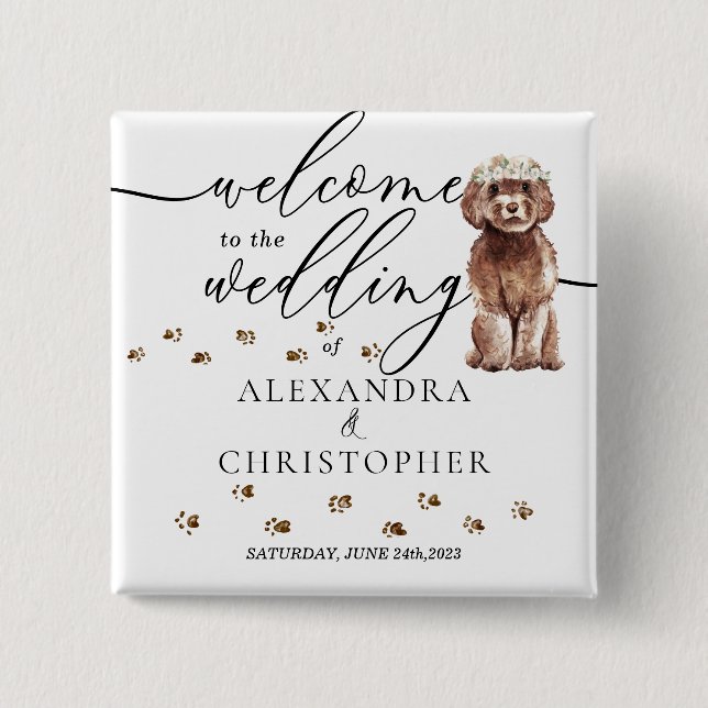 Brown Cavapoo Dog Willkommen in der Hochzeitsfeier Button (Vorderseite)