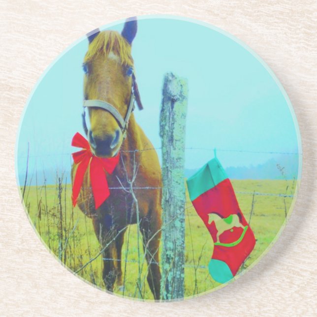 Brown Christmas Horse Sandstein Untersetzer (Vorne)