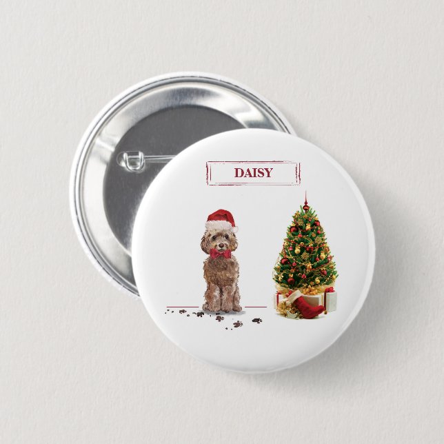 Brown Cockapoo Funny Christmas Dog and Tree Button (Vorne & Hinten)