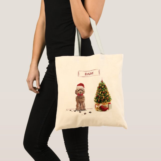 Brown Cockapoo Funny Christmas Dog and Tree Tragetasche (Vorderseite (Produkt))