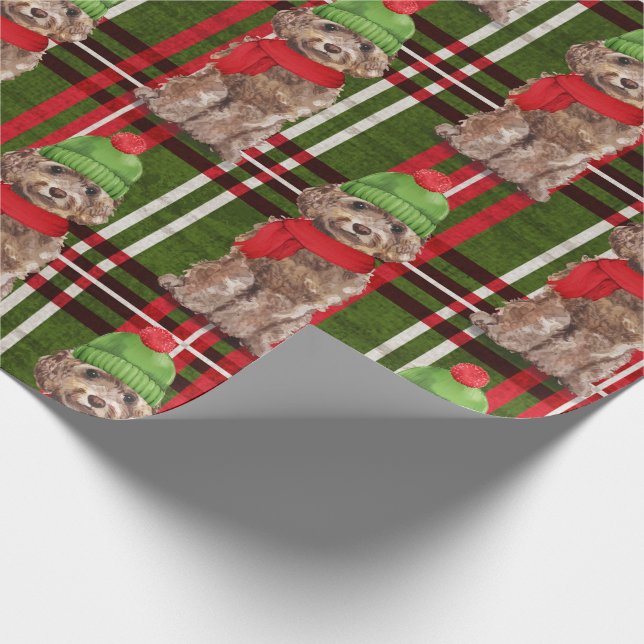 Brown Cockapoo und Karierter Weihnachtsurlaub Geschenkpapier (Ecke)