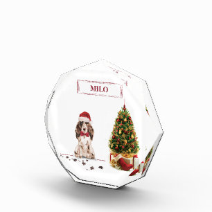 Brown Cocker Spaniel Funny Christmas Dog mit Baum Fotoblock