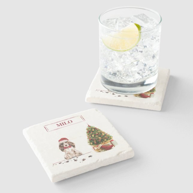 Brown Cocker Spaniel Funny Christmas Dog mit Baum Steinuntersetzer (Seitenansicht)