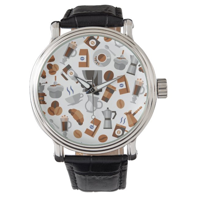 Brown Coffee and Croissant Pattern Armbanduhr (Vorderseite)