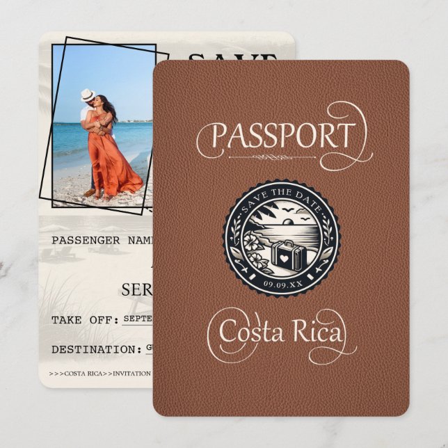 Brown Costa Rica Passport Save The Date (Vorne/Hinten)