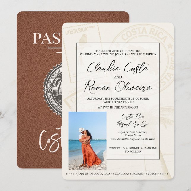 Brown Costa Rica Passport Wedding Einladung (Vorne/Hinten)