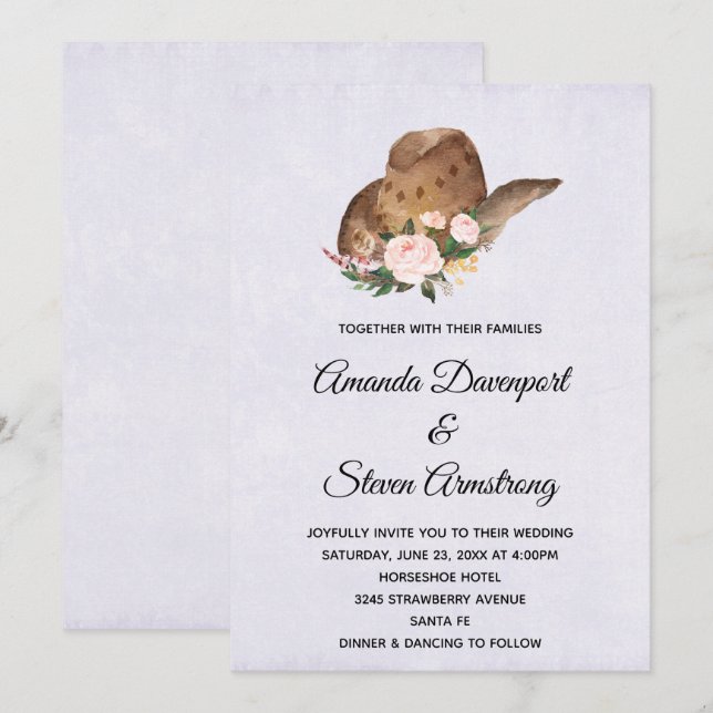 Brown Cowboy-Hut mit rosa Blume Hochzeit Einladung (Vorne/Hinten)