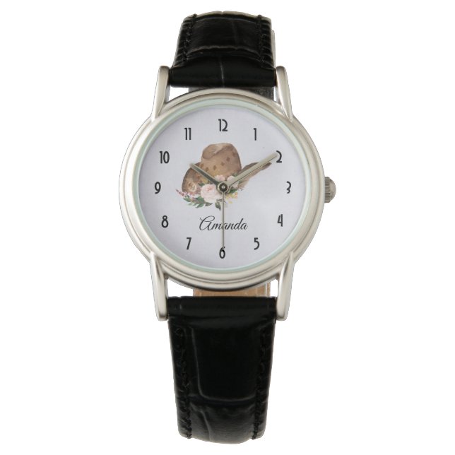 Brown Cowgirl Hut mit rosa Blume Armbanduhr (Vorderseite)