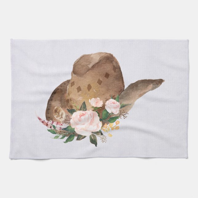 Brown Cowgirl Hut mit rosa Blume Geschirrtuch (Horizontal)