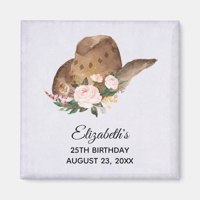 Brown Cowgirl Hut mit rosa Blume Magnet (Vorne)