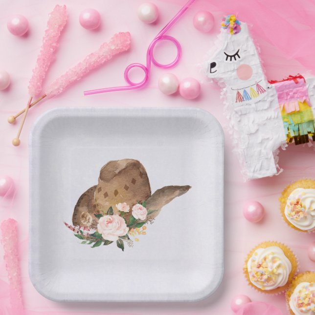 Brown Cowgirl Hut mit rosa Blume Pappteller (Party)