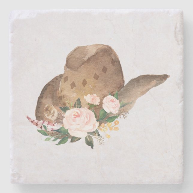 Brown Cowgirl Hut mit rosa Blume Steinuntersetzer (Vorderseite)