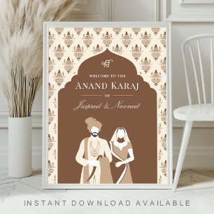 Brown Cream Anand Karaj Sikh Wedding Begrüßungszei Poster