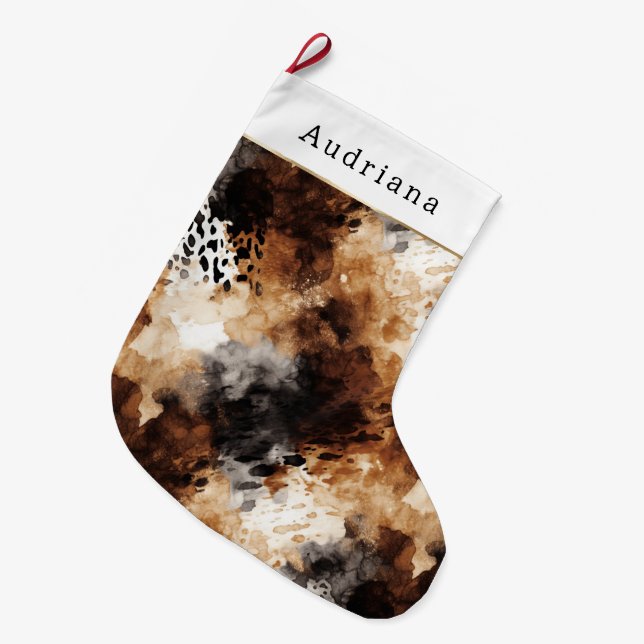 Brown Cream Black Leopard Animal Christmas Großer Weihnachtsstrumpf (Vorderansicht (hängend))
