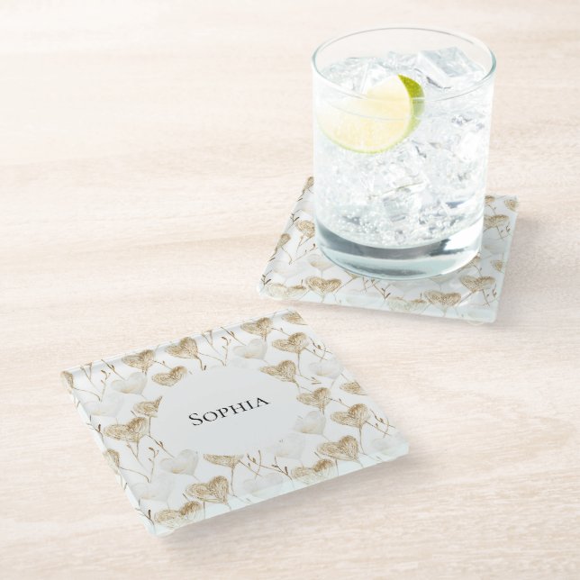 Brown Cream Boho Hearts Glasuntersetzer (Schrägansicht)