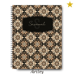 Brown Cream Floral Spanish Tile Name Monogram Notizbuch