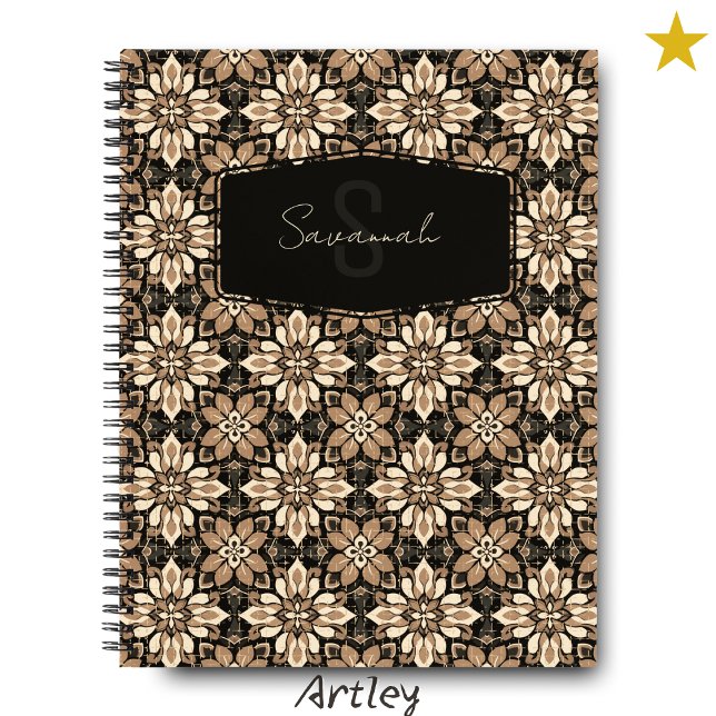 Brown Cream Floral Spanish Tile Name Monogram Notizbuch (Von Creator hochgeladen)