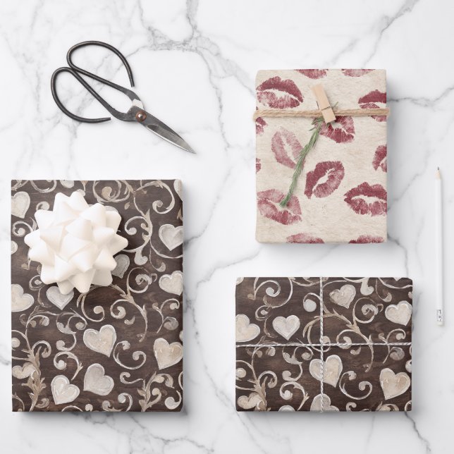 Brown Cream Hearts Red Lips Kisses Bridal Shower Geschenkpapier Set (Vorderseite)