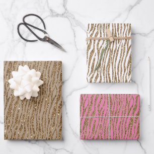 Brown Cream Pink Zebra Animal Glitzer Geschenkpapier Set
