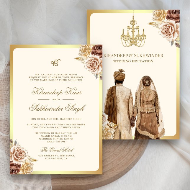 Brown Cream Rose Floral Anand Karaj Sikh Wedding Einladung (Von Creator hochgeladen)