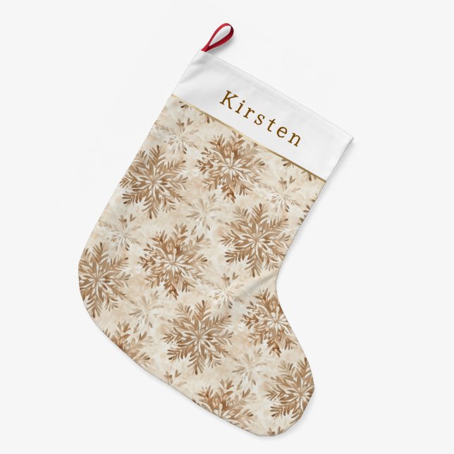 Brown Cream Snowflakes Christmas Großer Weihnachtsstrumpf (Vorderansicht (hängend))