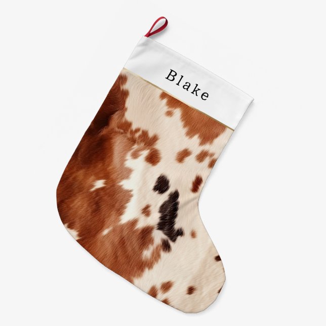 Brown Cream Southwest Cowhide Christmas Großer Weihnachtsstrumpf (Vorderansicht (hängend))