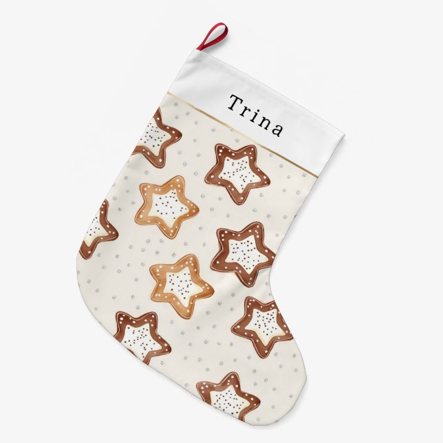 Brown Cream White Star Cookies Christmas   Großer Weihnachtsstrumpf (Vorderansicht (hängend))