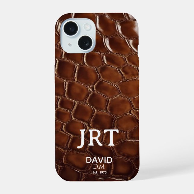  Brown Crocodile Leather Monogram iPhone 15 Hülle (Rückseite)