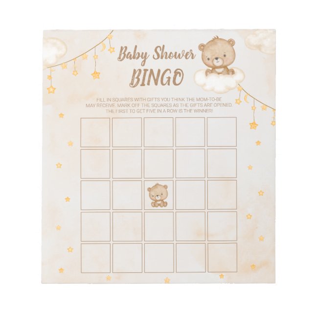 Brown Cute Bear Baby Shower Bingo Notizblock (Vorderseite)