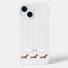 Brown Dachshunds on Beige Stripes Custom Name Case-Mate iPhone Hülle