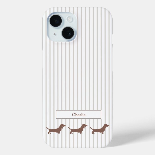 Brown Dachshunds on Beige Stripes Custom Name Case-Mate iPhone Hülle (Rückseite)