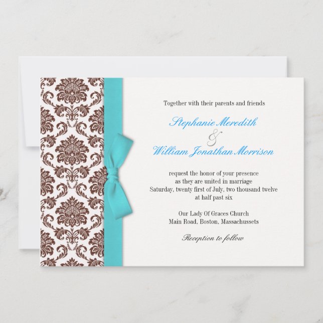 Brown Damask Aqua Bow Wedding Einladung (Vorderseite)