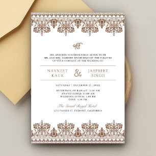 Brown Damask Border Anand Karaj Sikh Wedding Einladung