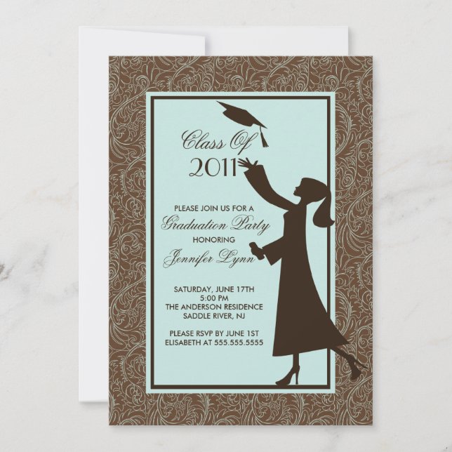 Brown Damask Graduation Invitation Silhouette Grad Einladung (Vorderseite)