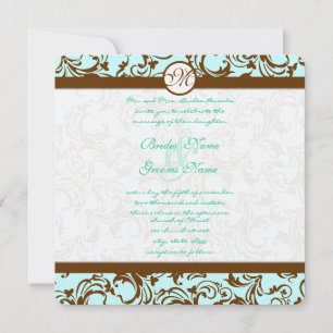 Brown Damask Light Aqua Blue Faire-part de mariage