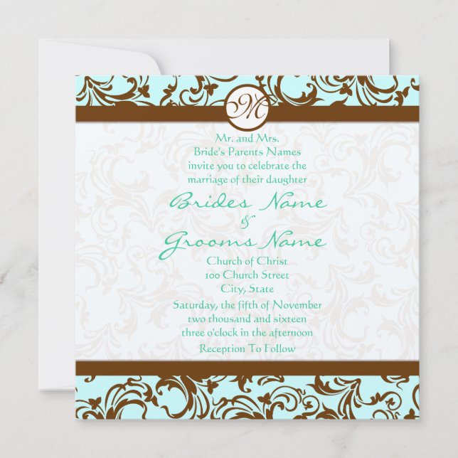 Brown Damask Light Aqua Blue Faire-part de mariage (Devant)
