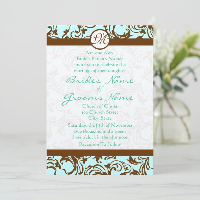 Brown Damask Light Aqua Blue Faire-part de mariage (Debout devant)
