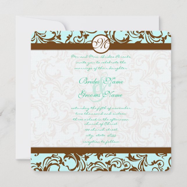 Brown Damask Light Aqua Blue Wedding Einladung (Vorderseite)