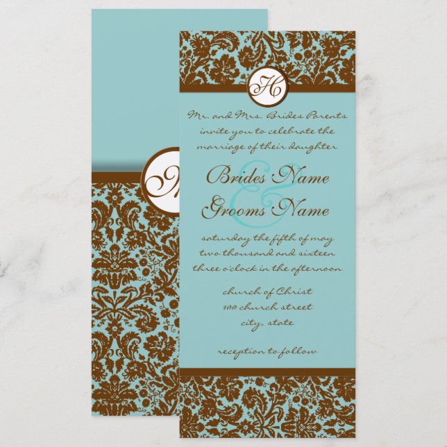 Brown Damask on Aqua Blue Wedding Einladung (Vorne/Hinten)