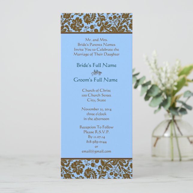 Brown Damask on Aqua Blue Wedding Einladung (Stehend Vorderseite)