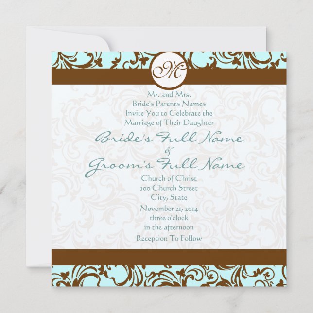 Brown Damask on Aqua Blue Wedding Einladung (Vorderseite)