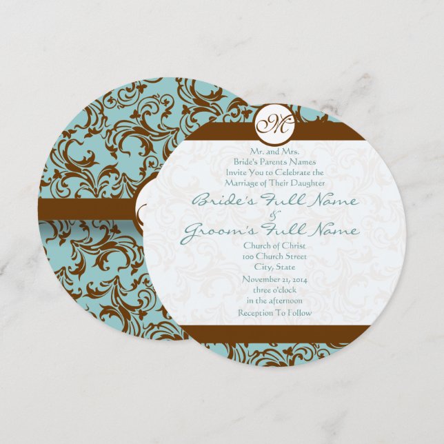 Brown Damask on Aqua Wedding Einladung (Vorne/Hinten)
