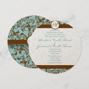Brown Damask on Aqua Wedding Einladung