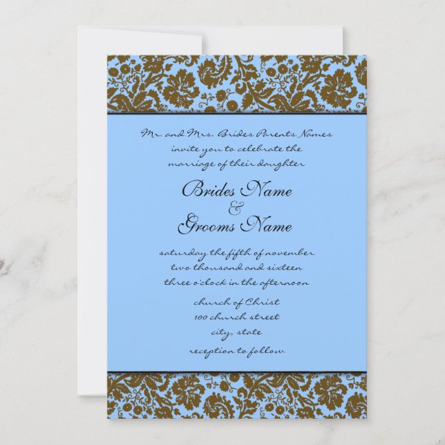 Brown Damask on Blue Wedding Einladung (Vorderseite)